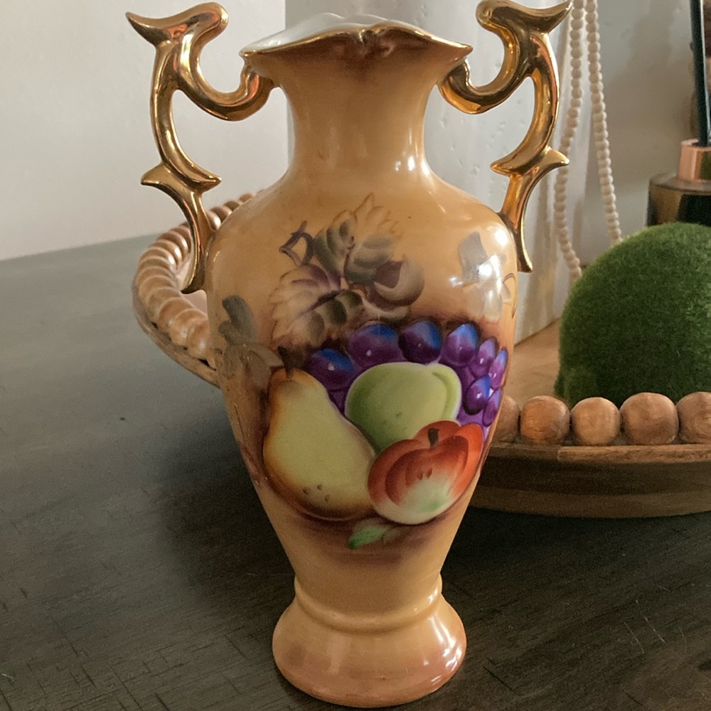 Lefton Ornate Fruit Design Vase with Gold Handles